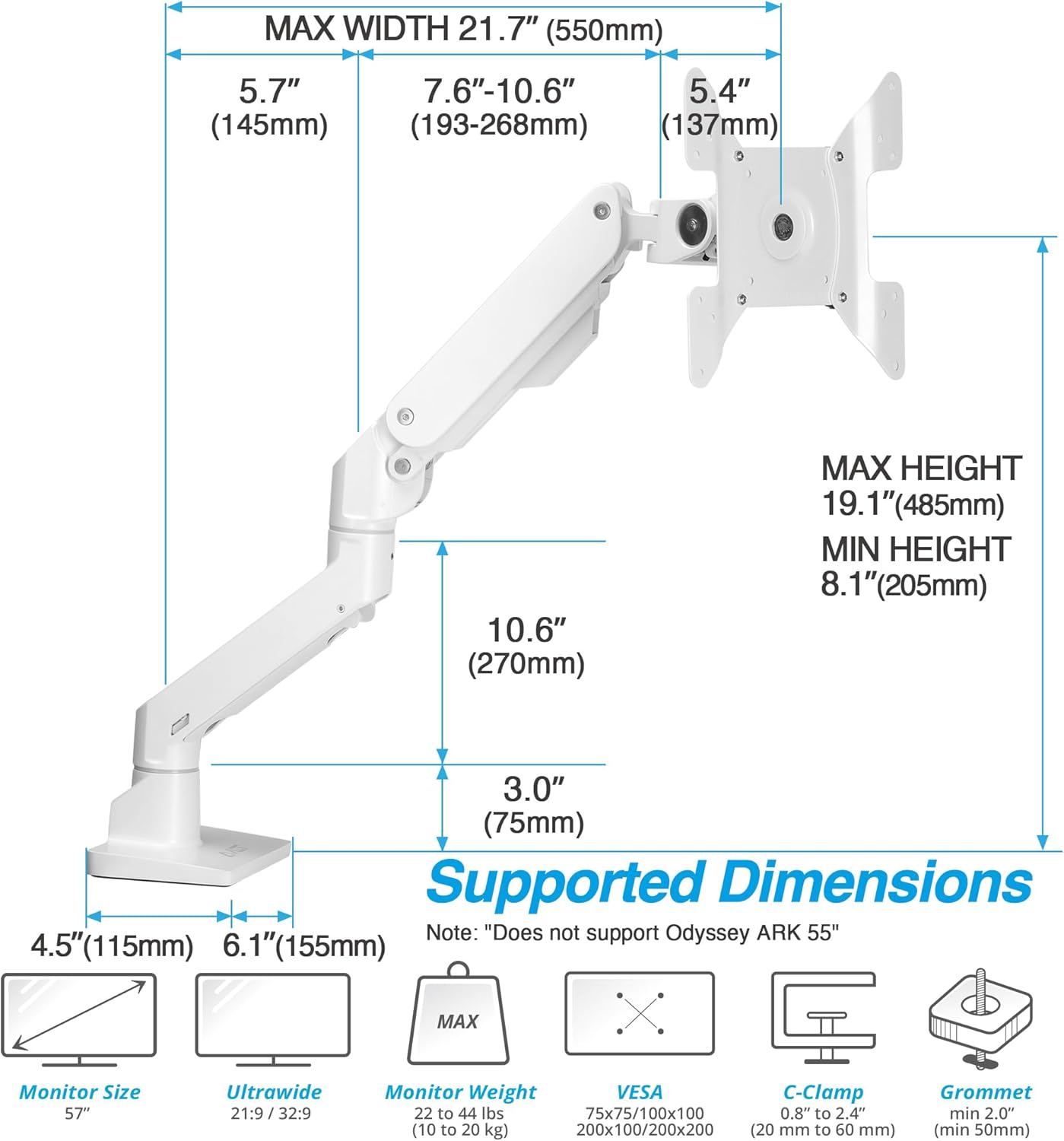 AVLT Single 34”-57” Monitor Arm Desk Mount fits One 44 lbs Heavy Duty Screen Full Motion Height Swivel Tilt Rotation Adjustable White Arm VESA 200x200 200x100 100x100 75x75
