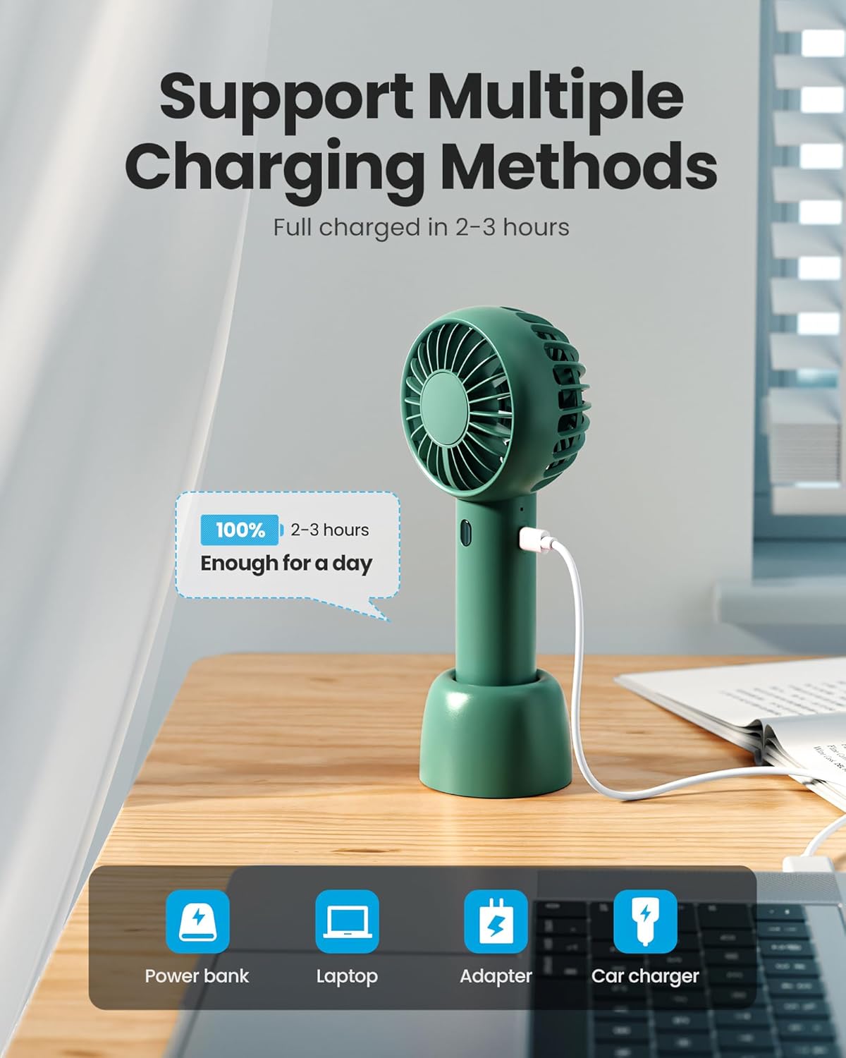 Gaiatop Mini Portable Fan, Navy Green, Cute Design, Rechargeable Battery, Handheld and Desktop, Small and Light