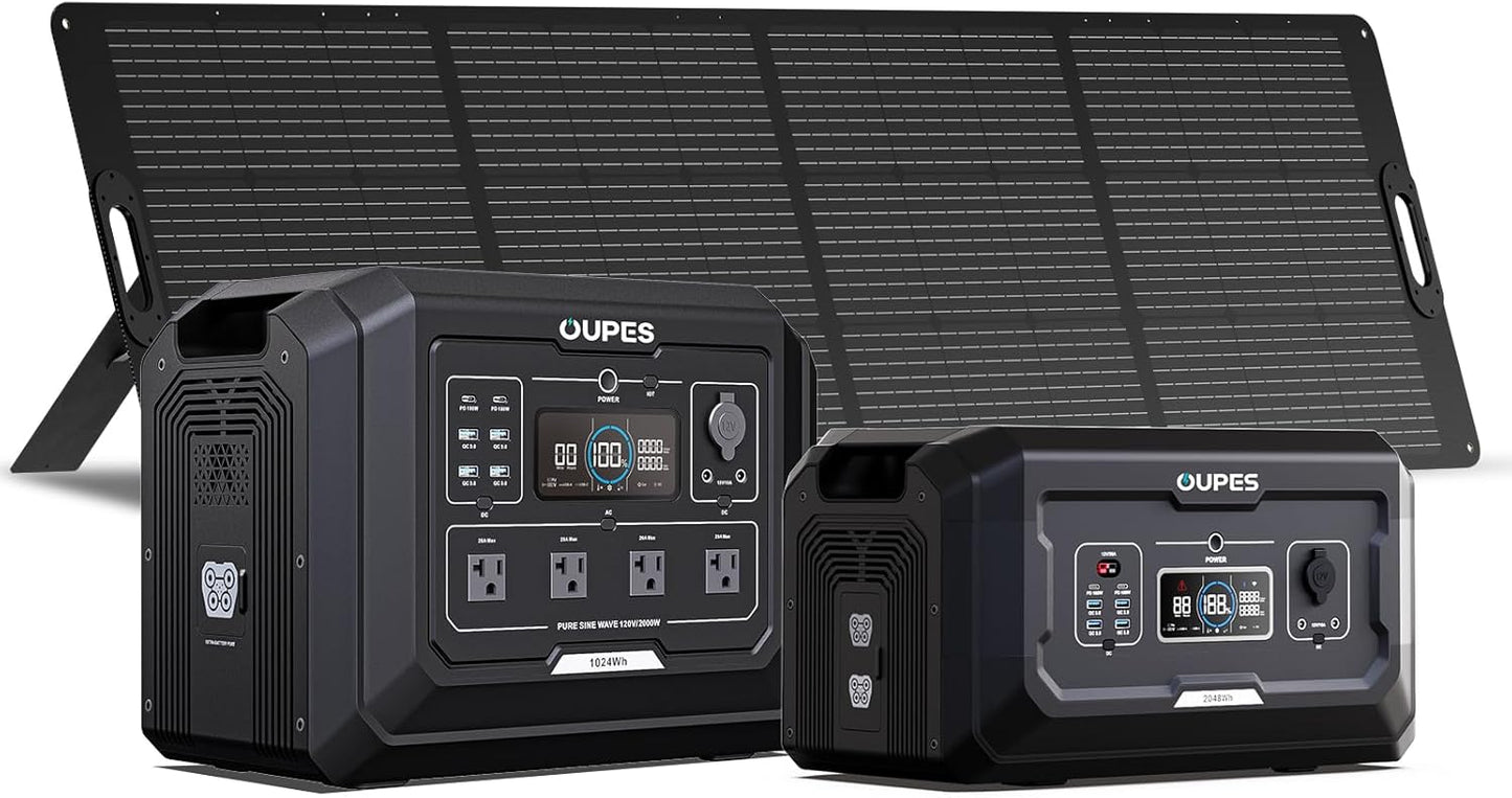OUPES 3072Wh Mega 1 Power Station Kit with B2 Extra Battery & 240W Panel Included, 2000W (4500W Peak) LiFePO4 Battery with UPS & APP Control, for 24/7 Off-Grid Power, Power Outage, Blackout, RVs
