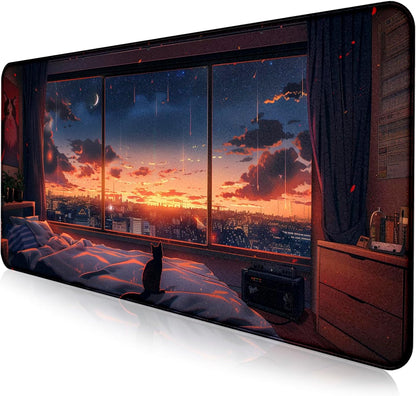 Anime Cat Fantasy Window Mouse Pad, Summer Mouse Pad Large Healing Night Scene, Game Table Pad XL Office Decoration Women's Laptop Keyboard Pad 35.4 x 15.7 x 0.12 Inches