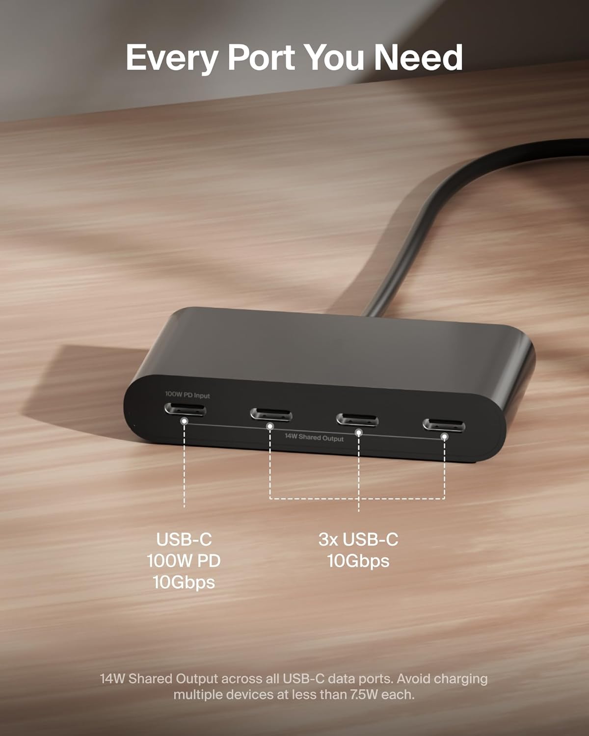 Belkin Connect 4 Port USB C Hub - Multiport Adapter Dongle with 4 USB C 3.2 Gen 2 Ports - High Speed 10G Data Transfer for Laptop, MacBook, iPad, PC, and More - 100W PD