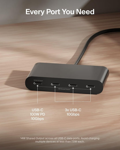 Belkin Connect 4 Port USB C Hub - Multiport Adapter Dongle with 4 USB C 3.2 Gen 2 Ports - High Speed 10G Data Transfer for Laptop, MacBook, iPad, PC, and More - 100W PD