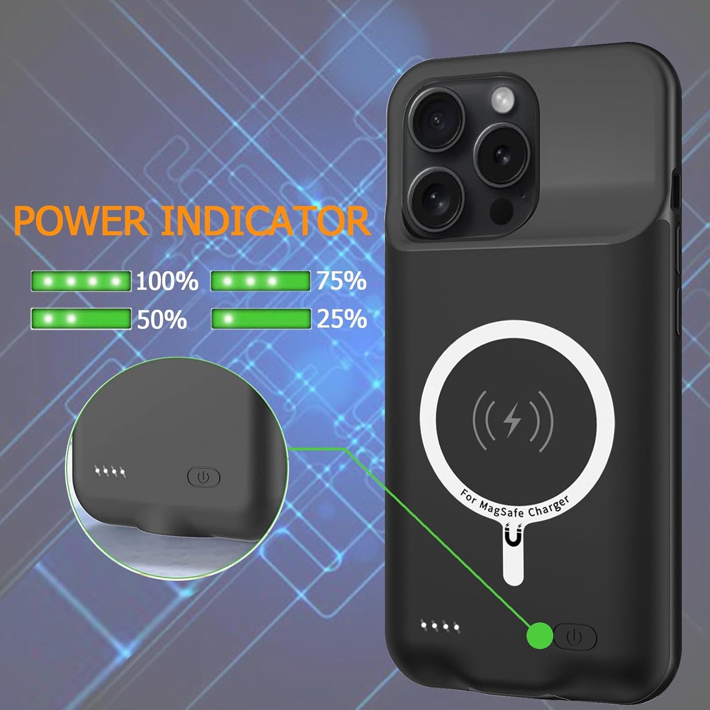 Battery Case for iPhone 15 Pro Max, Full Encircle 12000mAh Capacity Rechargeable Portable Charger Case Extended Battery Pack for iPhone 15 Pro Max(6.7 inch) Wireless Charging Case with Carplay-Black