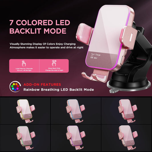 Wireless Car Charger,【7 Colored LED Backlit】 15W Auto Clamping Car Charger Phone Mount Holder fit for iPhone 14 13 12 Mini Pro Max 11 XR XS, Samsung Galaxy S23 Ultra S22 S21+ S10+ Note 20, etc - Pink