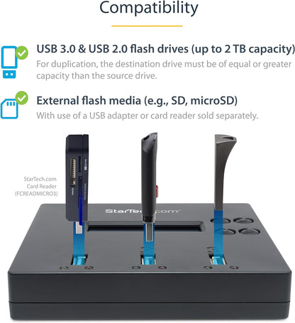StarTech.com Standalone 1 to 2 USB Flash Drive Duplicator / Cloner / Eraser, Multiple USB Thumb Drive Copier / Sanitizer, System File / Sector-by-Sector Copy, 1.5 GB/min, 3-Pass Erase, LCD, TAA
