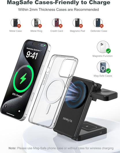 Wireless Charger Charging Station for Apple: 3 in 1 Wireless Charger Multiple Devices for iPhone 16/15/14/13/12 - Fast Travel Charger Stand for Apple iWatch Ultra 5/4/3 AirPods Pro 4/3/2(18W Adapter)