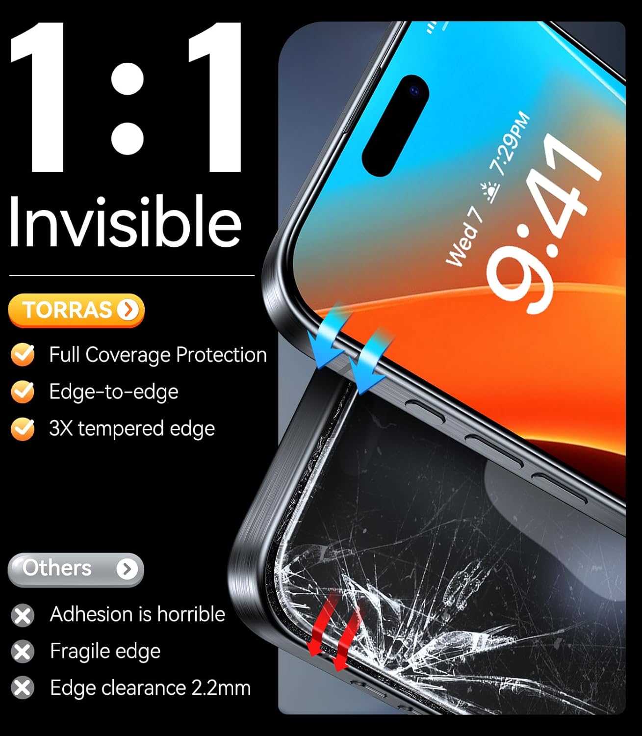 TORRAS Military-Grade Shatterproof for iPhone 16 Pro Max Screen Protector [9H+ Aerospace Tempered Glass＆ One-Step Installation] Full Coverage Fit Bubble Free Top-Notch Protection, 2 Pack, GlassGo X
