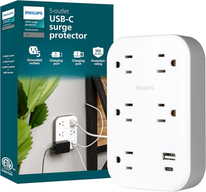 Philips EZFit 5-Outlet Extender Wall Tap with Surge Protection, Grounded Adapter, Charging Station, 3 Prong, 1 USB-A, 1 USB-C, 900J, White, SPP3513W/37