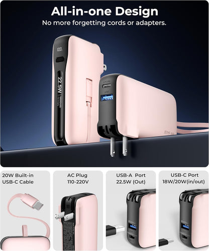 1 Pack Portable Charger with Built-in USB-C Cable & Plug, 10,000mAh 5V/4.5A Power Bank Fast Charging 22.5W, Travel Essential Battery Pack 3 Output for iPhone 16/15 Series, Samsung Galaxy, iPad