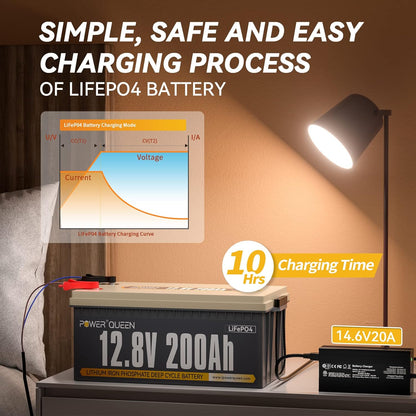 Power Queen 12.8V 200Ah LiFePO4 Battery with 14.6V 20A LiFePO4 Battery Charger; Built-in 100A BMS, Fully Charged Capacity, 2560Wh Energy, Perfect for RV, Camping, Solar System, Power Outage