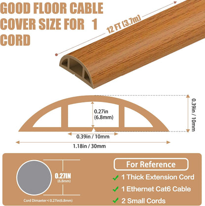 Floor Cord Covers for Wires 12FT Cable Hider Wire Cover Self Adhesive Cord Hider Floor for Offices, Homes, Workshops, Warehouses Cable Cavity 0.39" W x 0.27" H