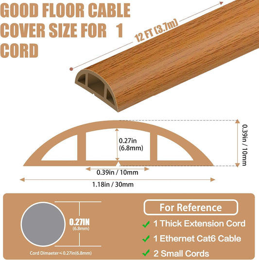 Floor Cord Covers for Wires 12FT Cable Hider Wire Cover Self Adhesive Cord Hider Floor for Offices, Homes, Workshops, Warehouses Cable Cavity 0.39" W x 0.27" H