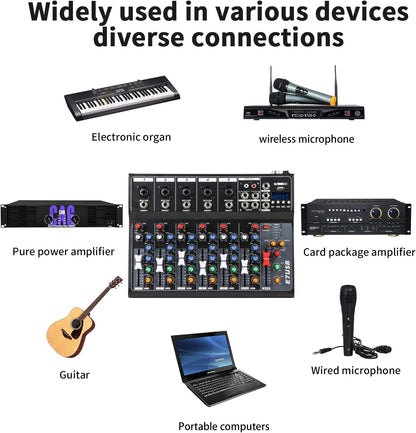 Dj Mixers 7 Channel Audio Mixer Sound Board with Bluetooth, Usb Audio Interface with 48V Phantom Power Sounds Mixer Board with FX Reverb Delay Effect for Streaming