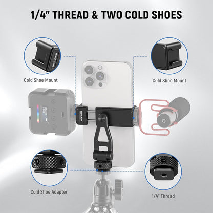 Neewer Metal Phone Tripod Mount with Cold Shoes, 1/4" Thread, 180° Tilt, 360° Rotation, Adjustable Phone Clamp Metal Phone Holder Compatible with iPhone 16 15 Pro Max S24 Ultra Camera Cage, GA010