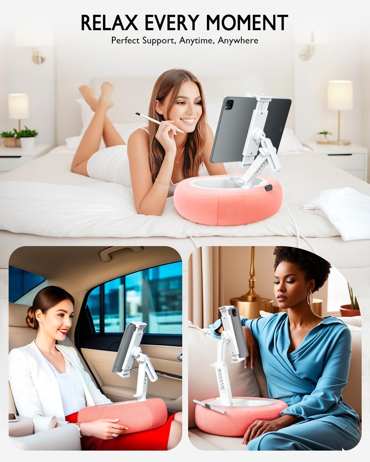 Tablet Pillow Stand, Compatible with 5"-12.9" Kindle, iPad, Phone/Tablet, Google, Samsung, 360° Rotating Phone Holder for Bed, Soft Plush Fabric, Detachable Bowl, Reading and Relaxation on Bed, Pink