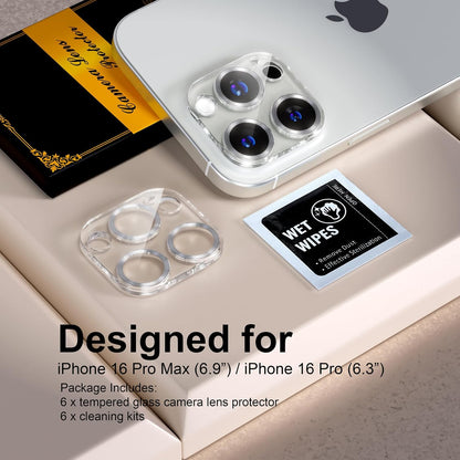 beuxece for 6 Pack iPhone 16 Pro/iPhone 16 Pro Max Camera Lens Protector [Drop Protection] [Case Friendly] [Easy Installation] 9H Tempered Glass Camera Screen Protector Cover, CD Silver