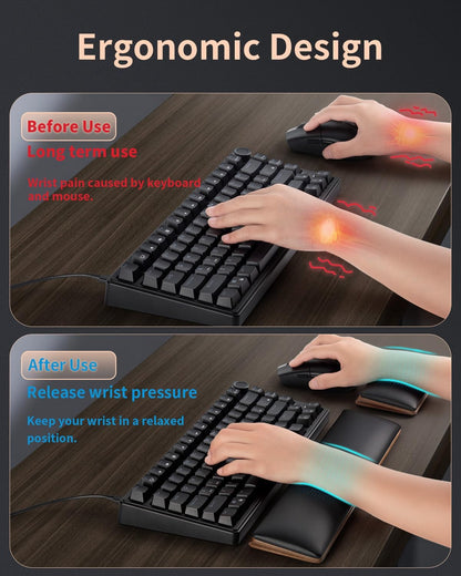 ASFSKY Keyboard and Mouse Wrist Rest Set - Memory Foam & Wooden Base Ergonomic Wrist Support Pad with PU Leather Cover, Non-Slip, Durable & Easy-to-Clean Wrist Cushion for Office, Gaming Desk