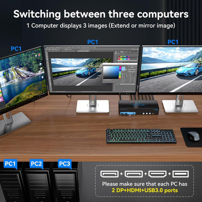 4K144Hz HDMI + 2 Displayport KVM Switch 3 Monitors 3 Computers 8K USB 3.0 KVM Switches Triple Monitor for 3 Computer Share 3 Screens and 4 USB 3.0 Ports Support Extended/Copy Mode