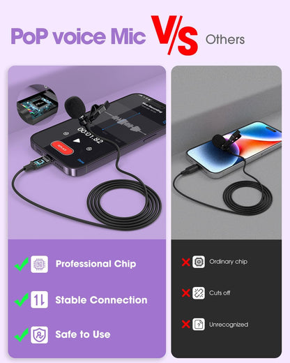 PoP voice Microphone Professional for iPhone Lavalier Lapel Omnidirectional Microphone for iPad, iPod, Condenser Mic for iPhone Audio & Video Recording, YouTube, Interview, Podcast, Vlogging(6.6 Feet)