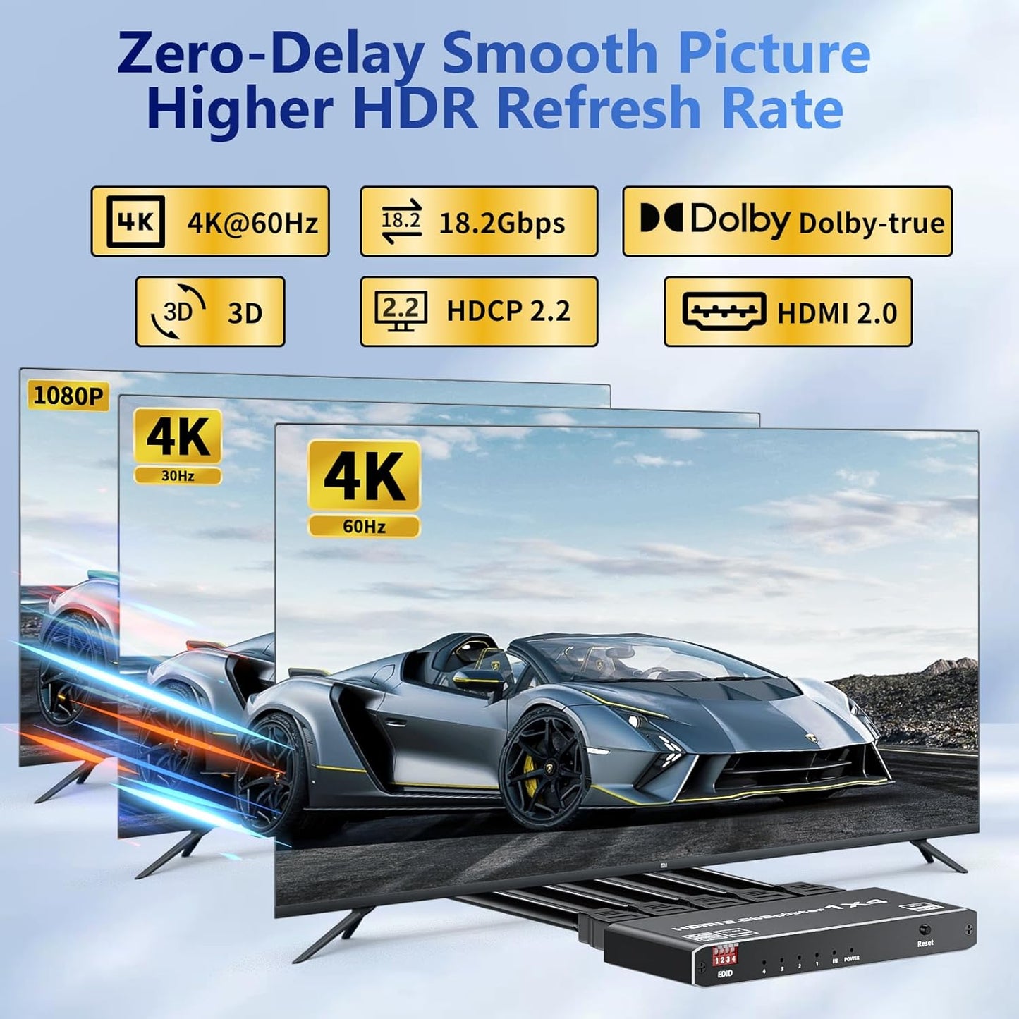 HDMI 2.0 Splitter 1 in 4 Out, LUKFOCAB 1x4 HDMI Splitter 4K@60Hz 8:8:8 HDR, HDMI 2.0, HDCP 2.2, 18Gbps, Auto EDID, Supports UHD 3D D-o-l-b-y 4 Ports Mirror Mode and Multichannel Audio Streams