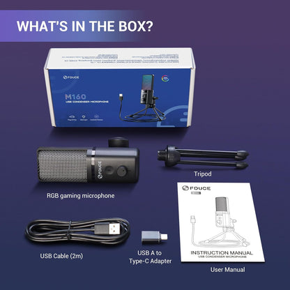 FDUCE Gaming USB Microphone for PC,RGB Condenser Computer Mic with Tripod Stand,Quick Mute,Gain Control,Cardioid Mic for Streaming, Podcast, Twitch, YouTube, PC, Computer, PS5, (M160)