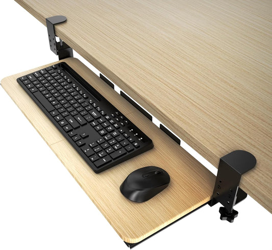 Ergonomic Keyboard Tray Under Desk Pull Out with Adjustable C-Clamp Mount, Slide-Out Computer Keyboard and Mouse Platform Drawer for Office and Home Typing (Light Wood)