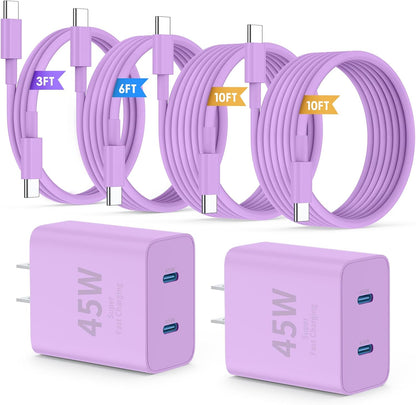 iPhone 16 15 Pro Max Charger Fast Charging,45W Dual Port USB C Fast Charger Block [2-Pack] & Extra Long 60W 3/6/10/10FT USB C Cable - PD Quick Adapter 3.0 for iPhone 16 15/16 15Pro/16 15 Plus.