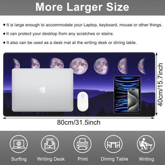 Mouse Pad, Large Moon Phases and Mountain Forest Desk Mat, Extended Non-Slip Gaming Keyboard Mousepad Desk Pad, Thick Stitched Edges Waterproof Mouse Mat 31.5"x15.7" (Moon Phase Changes)