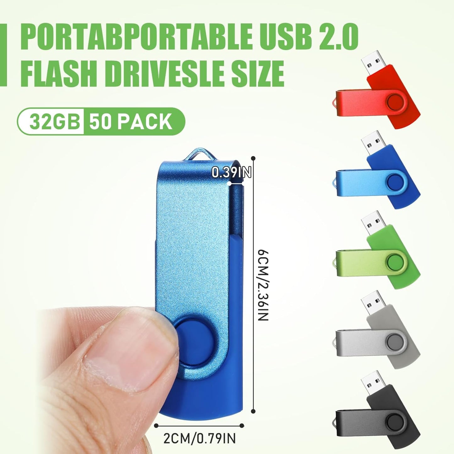 50 Pack 32GB USB 2.0 Flash Drives Bulk Portable USB Thumb Drives Swivel with LED Light Swivel Flash Memory Pen Jump Stick for Data Storage Back to School Office Employee Appreciation Gift