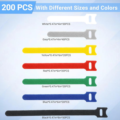 200 PCS Cable Ties Reusable 4+6+8inch Multi-Colour Cord Organizer for Cable Management Multi-Purpose Cable Straps Wire Ties Cable Management for Home Office Computer Data Centers Electronics,7 Colors