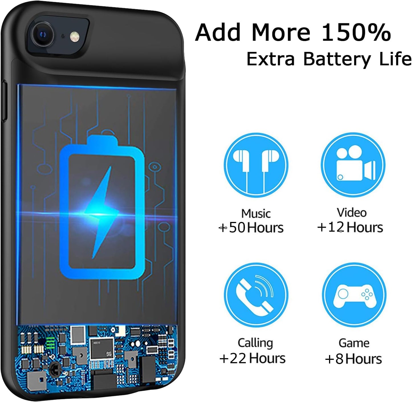 Battery Case for iPhone 8/7/6s/6/SE 3/SE 2, Upgraded 10000mAh Portable Battery Pack Charger Case Support Carplay Compatible with iPhone SE 3/SE 2/8/7/6s/6 (4.7 inch) External Charging Case (Black)