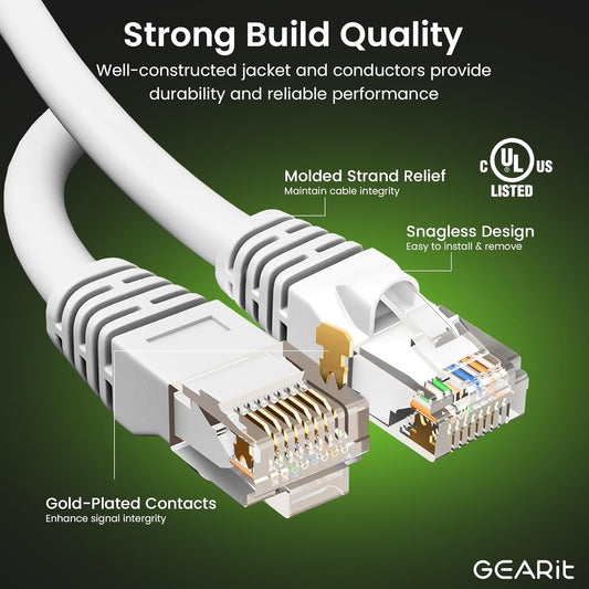 GEARit Cat 6 Ethernet Cable (20-Pack 5 Feet) Cat6 Network Patch, 10Gbps, RJ45, Snagless Cord, Gold-Plated Connectors, Internet for PC, TV, Tablet, Router, Printer, Servers, IT Data Center - White