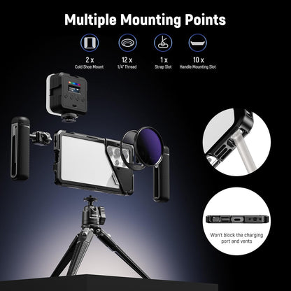 NEEWER PA082 S25 Ultra Phone Cage Holder for Recording Filming with 2X Handle, 67mm Filter Adapter, 17mm Lens Backplate, T Mount Adapter, Video Rig Stabilizer Compatible with Samsung Galaxy S25 Ultra