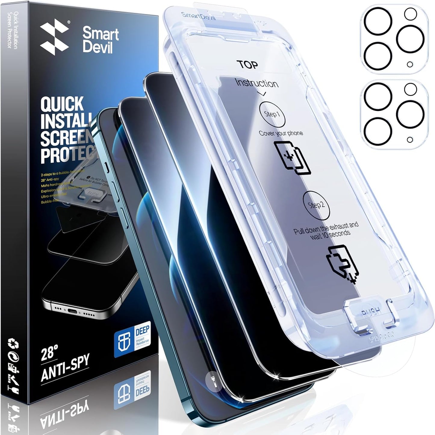 SMARTDEVIL 2+2Pack Privacy Screen Protector for iPhone 12 Pro Max with Camera Lens Protector,Shatterproof Tempered Glass[True 28°Anti Spy][9H Hardness][Auto Dust-Elimination Install][Bubble Free]