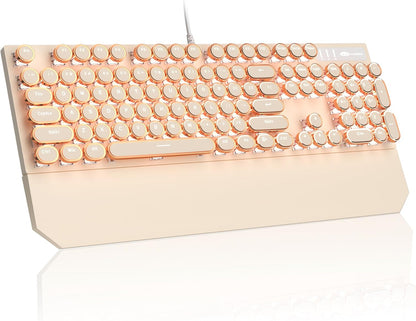 MageGee Typewriter Mechanical Gaming Keyboard, Retro Punk Creamy Round Keycaps, 104 Keys LED White Backlit Wired Keyboards for Laptop MAC PC Gamer, with Magnetic Wrist Rest, Blue Switch
