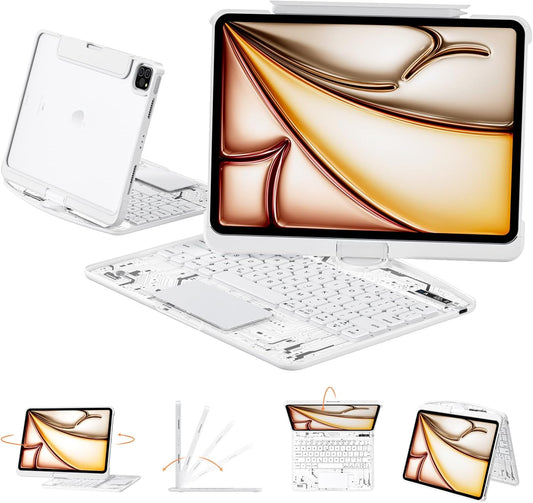 Transparent Case with Keyboard for 2024 iPad Pro 11-inch (M4),with 7-Color Backlit Wireless Keyboard, 360°Rotatable Protective Case Multi-Touch Trackpad,with Pencil Holder,with Shortcuts,White