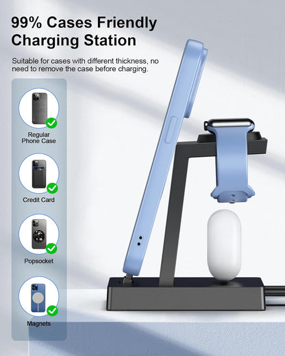 30W Fast 3 in 1 Charging Station for Apple Devices - ADADPU USB C Charger Stand for iPhone 16 15 Pro Max Plus & AirPods 4, Wireless Charger Dock Compatible with Apple Watch Ultra/10/9/8/7/6/5/4/3/2/SE