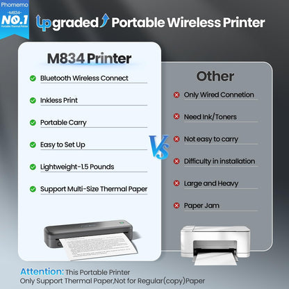 Phomemo M834 Portable Printer Wireless for Travel, Bluetooth Thermal Printer 8.5" x 11"&A4, Compatible with iOS,Android & PC,Inkless Mobile Printers for Travel,Office,School,Home,Gray