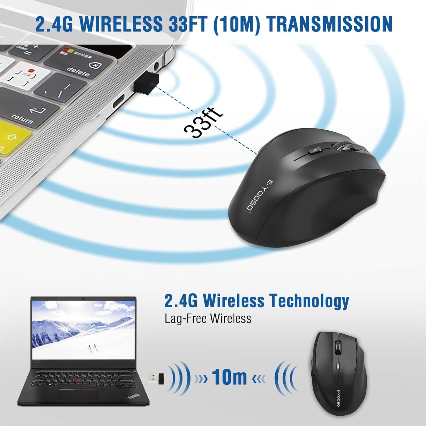 E-YOOSO Wireless Mouse for Laptop, Portable Optical Computer Mouse, 6 Buttons, Cordless 2.4GHz with USB Receiver, 5-Level 4800 DPI, 18 Months Battery Life, for PC, Chromebook, Windows, Mac(Black)