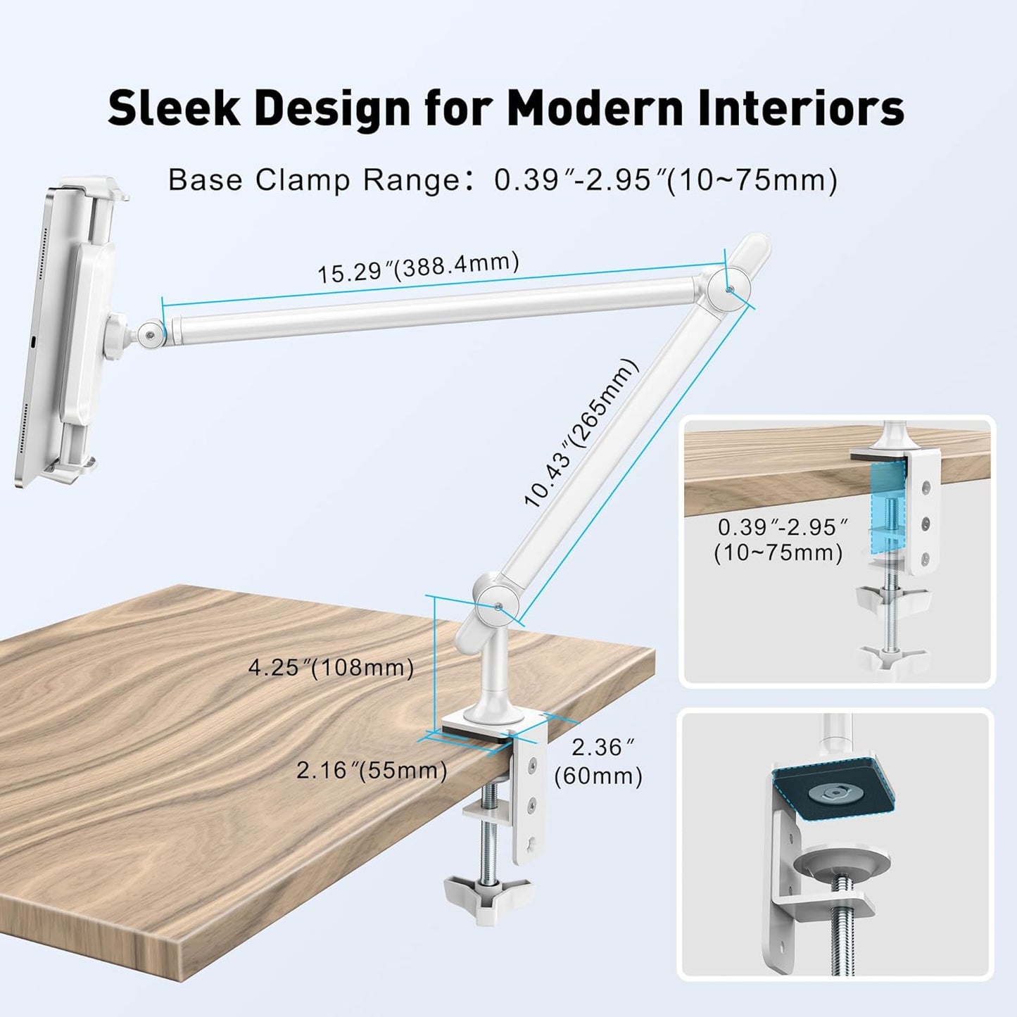 AboveTEK Tablet Stand Holder, Aluminum iPad Holder for Desk & Bed, Adjustable iPad Arm Clamp Mount with 360° Rotation, Overhead Compatible with 4.7"-13.5" iPads Pro/Air/Mini, iPhone, Galaxy Tab- White