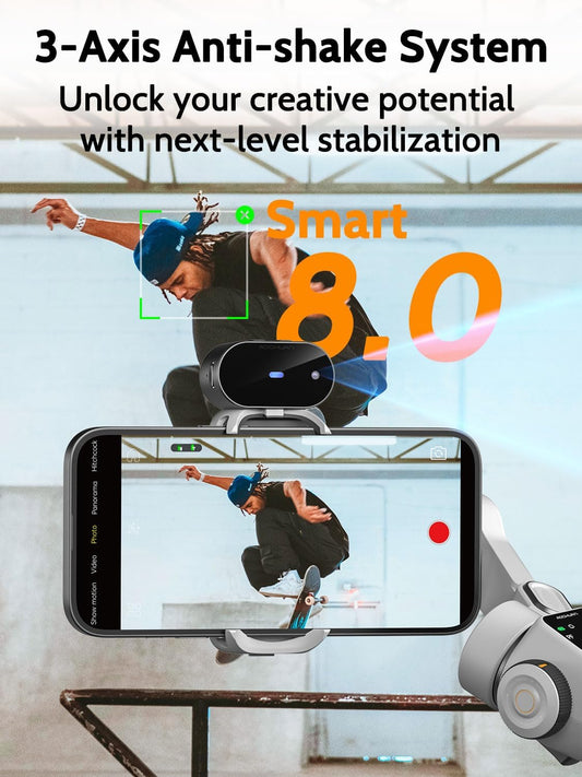 Gimbal Stabilizer for Video Recording, Smartphone 3-Axis Smartphone Gimbal with AI Tracking Sensor for Vlogging,7.8' Extension Rod,Trigger Button,YouTube Tiktolk(Smart V8 AI White)