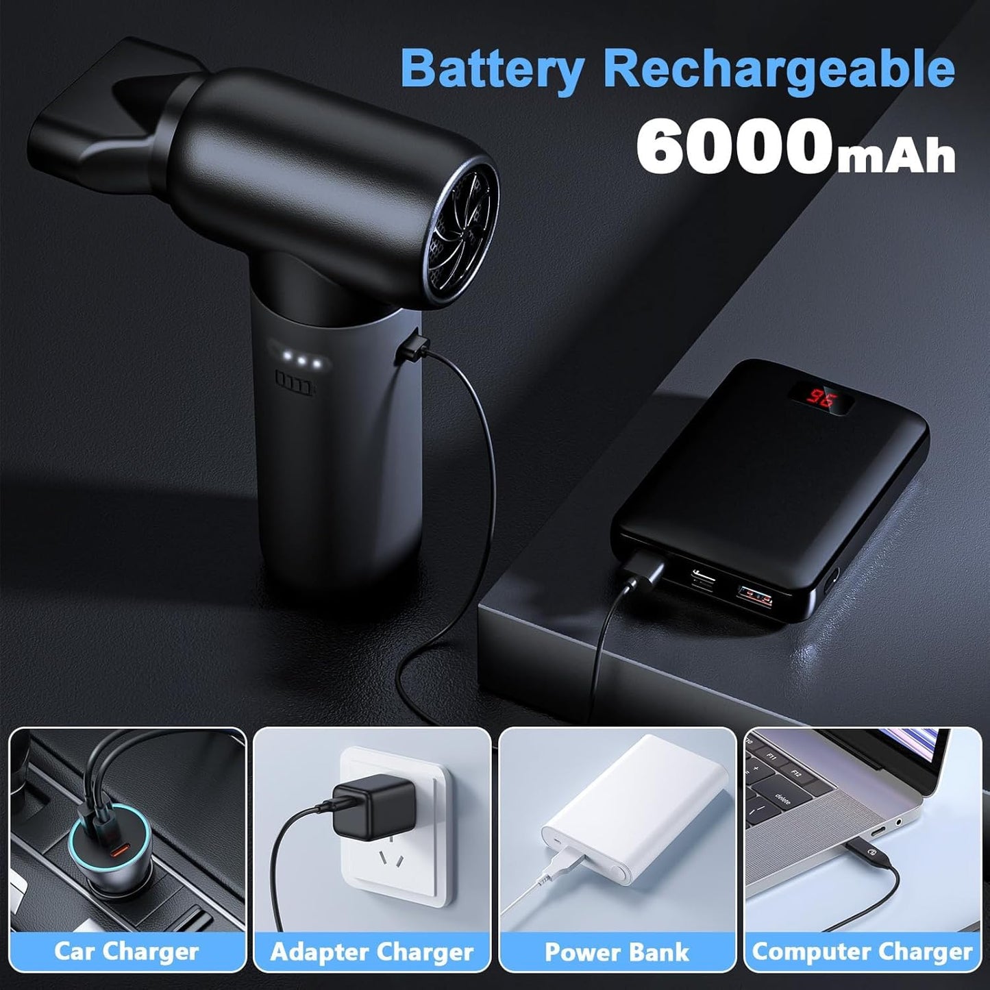 Electric Air Duster, 110,000 RPM 3 Gear Adjustable Cordless Air Blower, 6000mAh Rechargeable Battery,Portable Dust Cleaner for Computer,Car Home & Outdoor,Replaces Compressed Air Cans