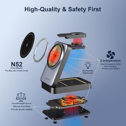 3 in 1 Charging Station for Multiple Devices Apple Compatible with Magsafe Charger Stand, 15W Foldable Cube Wireless Charger for 16/15/14/13/12 Series, Apple Watch, Airpod