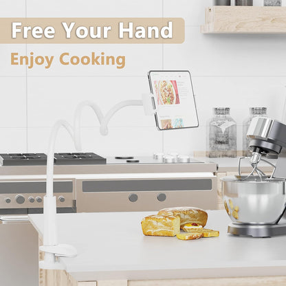 Tablet Stand Holder, Mount Holder Clip with Grip Flexible Long Arm Gooseneck Compatible with ipad iPhone/Nintendo Switch/Samsung Galaxy Tabs/Amazon Kindle Fire HD (New White)