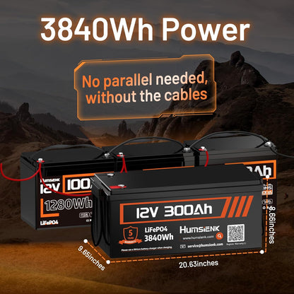 Bluetooth 12V 300Ah Battery LiFePO4 Lithium Built-in 100A BMS, 15000 Deep Cycles Battery 3840Wh with Low-Temp Protection for RV Marine Trolling Motor Home Energy Storage Off-Grid Living, 4 PACK