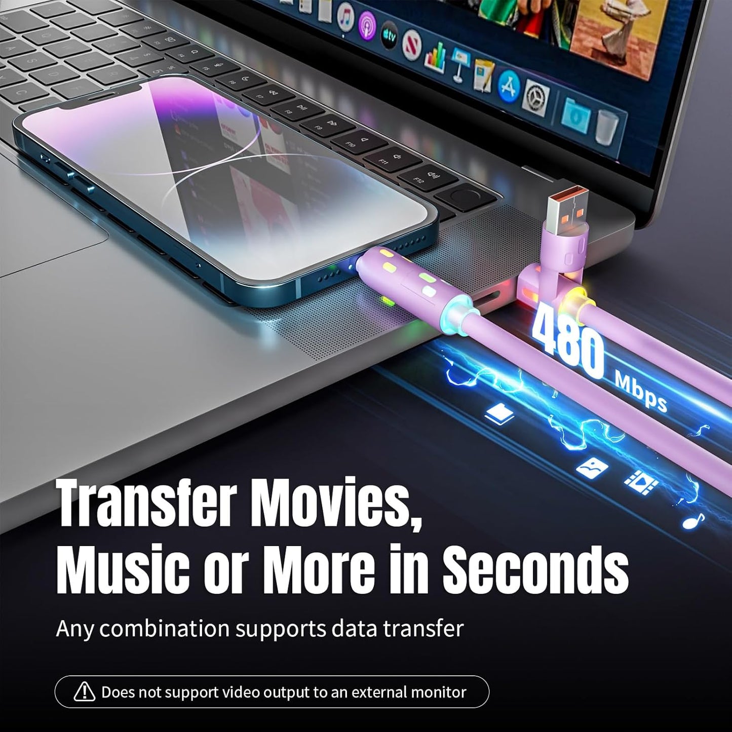 USB C Cable,240W 4 in 1 Charging Cable 4FT,Charging Cable Fast Charging & Data Sync,Multi USB Cable with Breathing Light,Charger Cord for iPhone 16/15 14 Samsung MacBook iPad Tablets,Purple