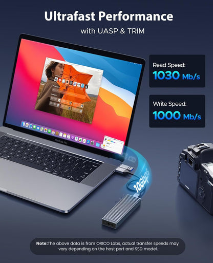 ORICO M.2 NVMe SSD Enclosure Aluminum Tool-Free Adapter, 10Gbps USB3.2 USB-C M2 Reader for M.2 PCIe NVMe M-Key 2230/2242/2260/2280 SSD, Thunderbolt 3 Compatible, External Case Support UASP Trim-BM2G2