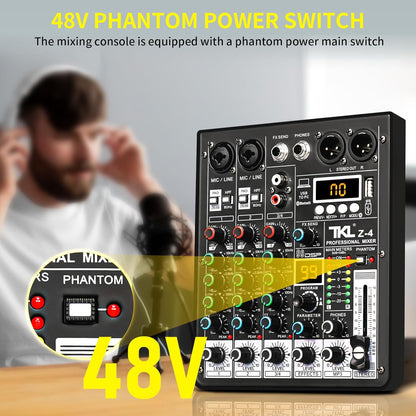 4 Channel Audio Mixer, Professional DJ Mixer Sound Board Mixing Console with 99-Bit DSP Effect, Bluetooth USB Interface Stereo Mixer Board with 48V Phantom Power For Recording Live Stream