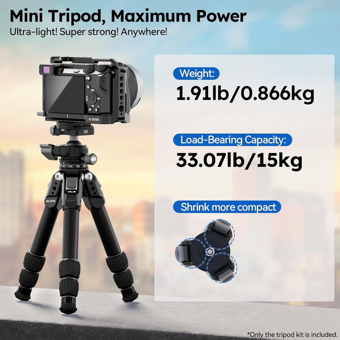 SIRUI Lightweight Mini Tripod, 1.9lbs Aluminum Desktop Table Tripod with Low-Profile Ball Head, Compact Design, 33lbs Load, 16.7" Max Height, for DSLR, Mirrorless Camera, Phone, Vlogging