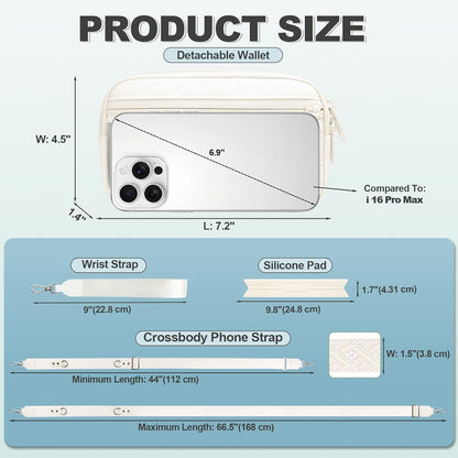 Clip and Go Strap for Phone with Wallet Crossbody, Adjustable Phone Lanyard with Detachable RFID Wristlet Wallet, Pattern Strap - Cream (L)